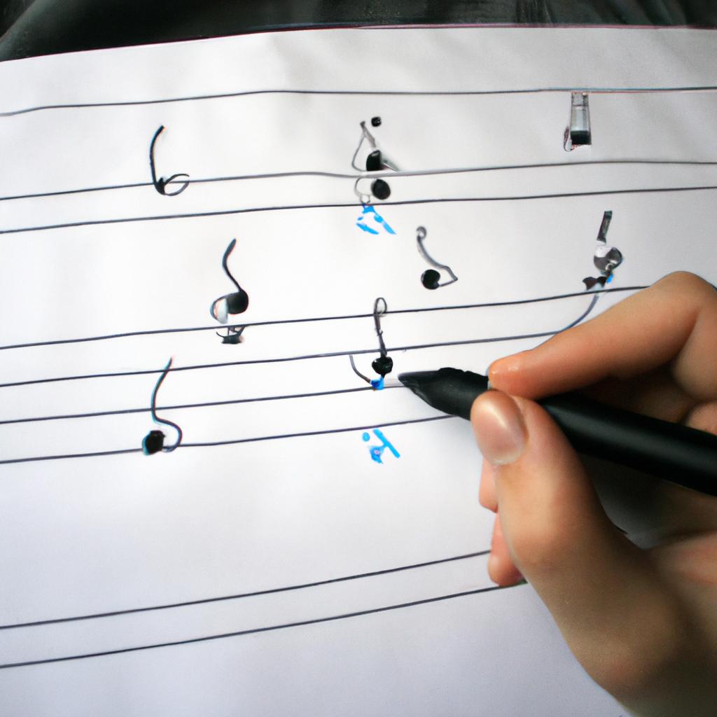 Person writing musical notation symbols