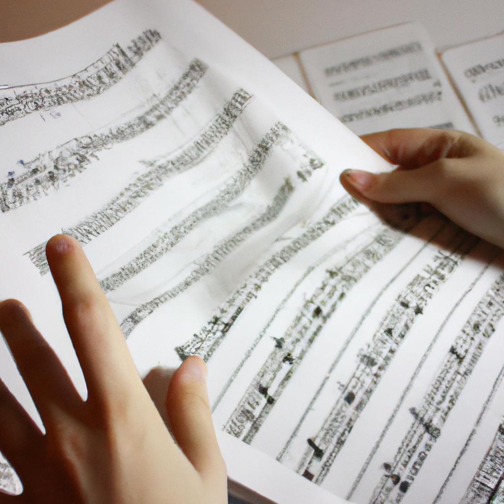 Person studying sheet music composition